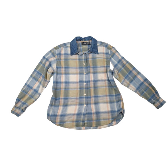 Vintage 90s Blouse Blue Pink Green Flannel Plaid Denim Collar Size Petite Small - Picture 7 of 7
